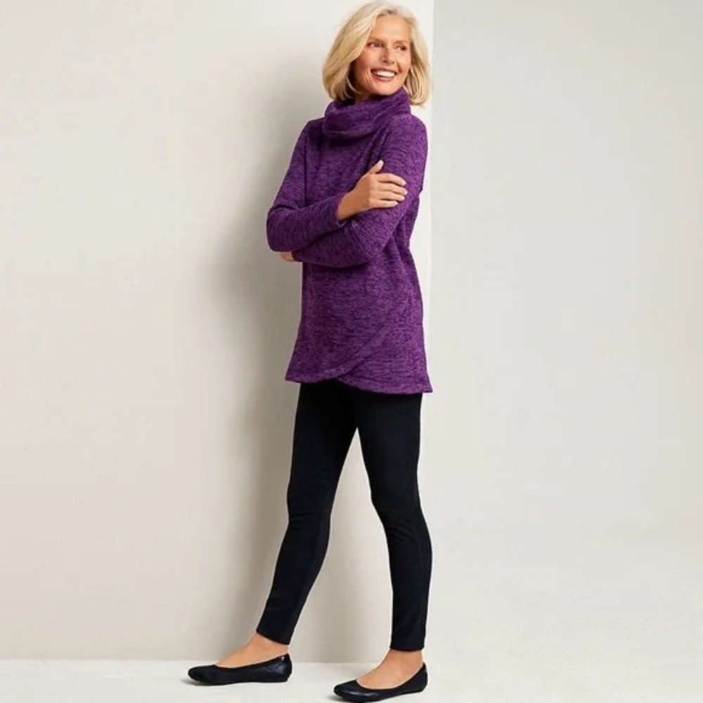 EUC Lands' End Women's M/P 10-12 Purple Marl Cowl Neck Fleece Tunic Tulip Hem